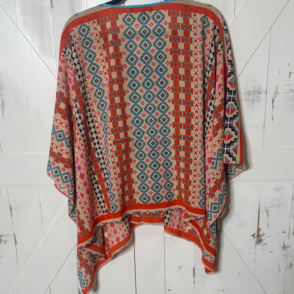 Laundry by Shelli Segal Geometric Orange Teal Poncho - Picture 6 of 8